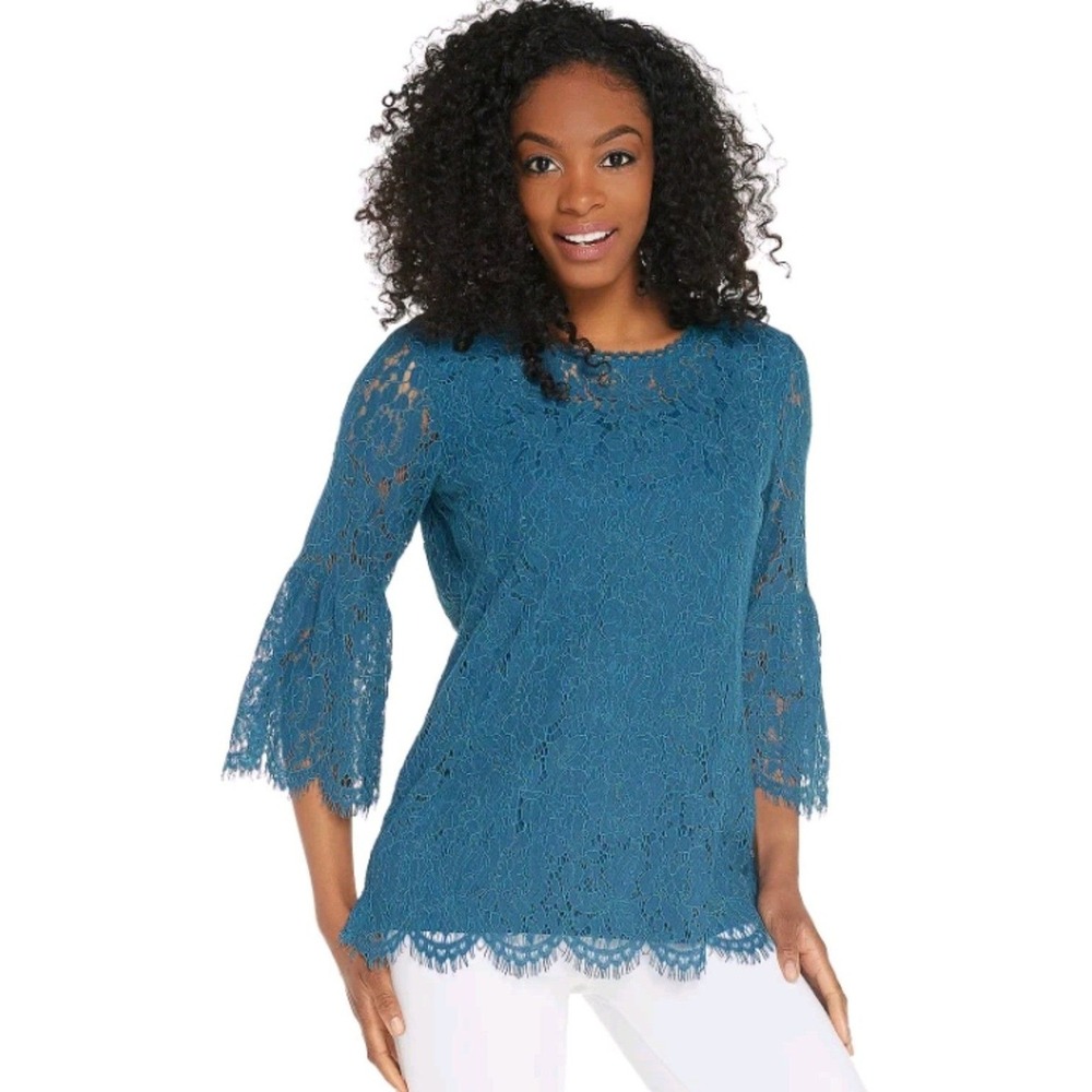 NWOT Isaac Mizrahi Live QVC Teal Floral Lace Scoop Neck Bell Sleeve Top Sz S 432